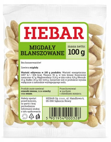 HEBAR Migdały blanszowane całe 100g